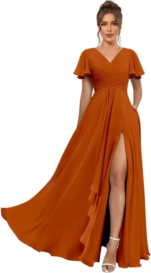 Short Sleeve Bridesmaid Dresses for Women Wedding Split V Neck Flowy Long Chiffon Ruched Evening Formal Gowns