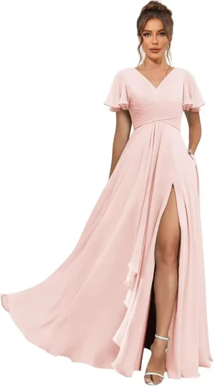 Short Sleeve Bridesmaid Dresses for Women Wedding Split V Neck Flowy Long Chiffon Ruched Evening Formal Gowns