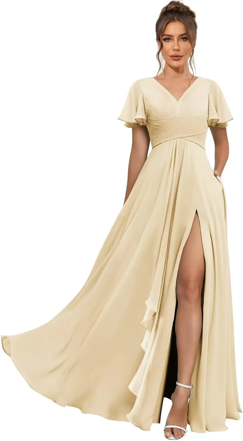 Short Sleeve Bridesmaid Dresses for Women Wedding Split V Neck Flowy Long Chiffon Ruched Evening Formal Gowns