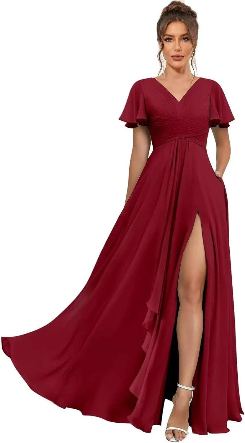 Short Sleeve Bridesmaid Dresses for Women Wedding Split V Neck Flowy Long Chiffon Ruched Evening Formal Gowns