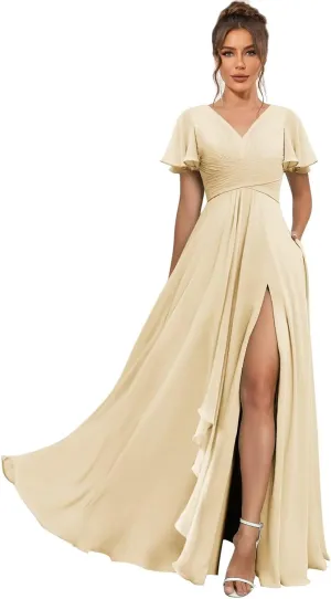 Short Sleeve Bridesmaid Dresses for Women Wedding Split V Neck Flowy Long Chiffon Ruched Evening Formal Gowns