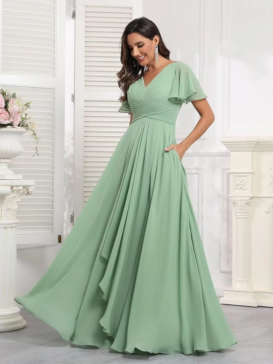 Short Sleeve Bridesmaid Dresses for Women Wedding Split V Neck Flowy Long Chiffon Ruched Evening Formal Gowns