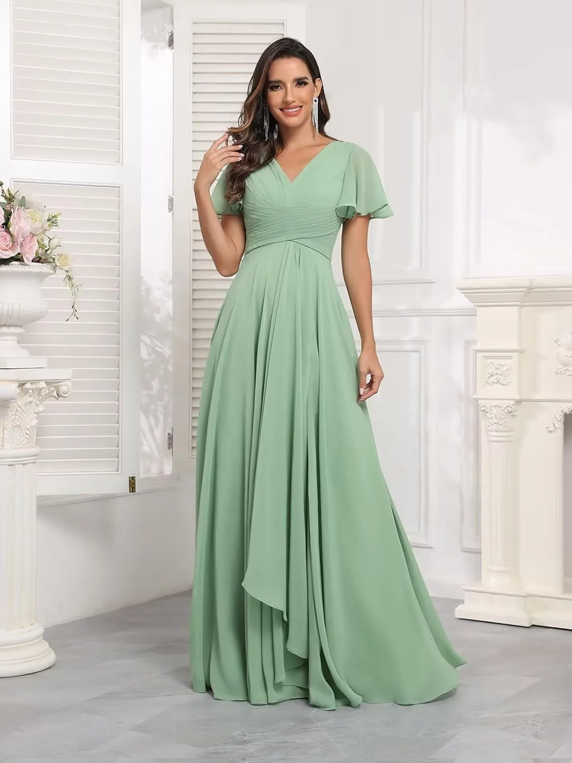 Short Sleeve Bridesmaid Dresses for Women Wedding Split V Neck Flowy Long Chiffon Ruched Evening Formal Gowns