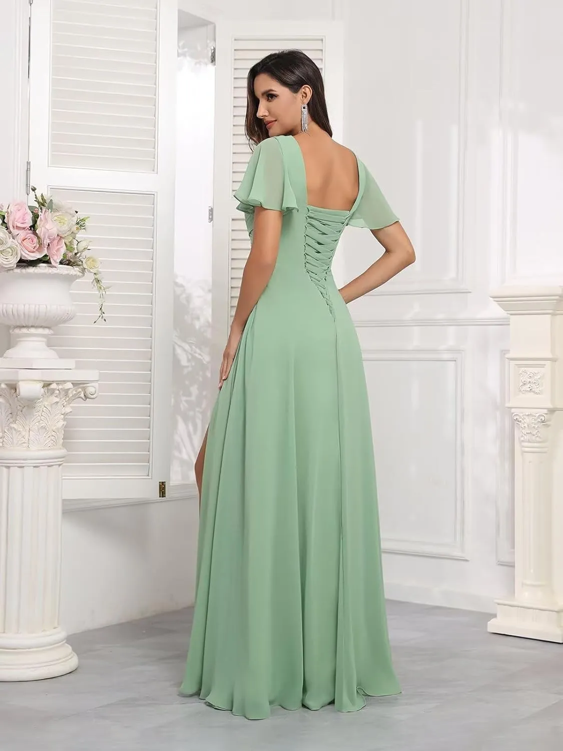 Short Sleeve Bridesmaid Dresses for Women Wedding Split V Neck Flowy Long Chiffon Ruched Evening Formal Gowns