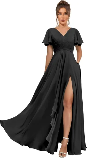 Short Sleeve Bridesmaid Dresses for Women Wedding Split V Neck Flowy Long Chiffon Ruched Evening Formal Gowns