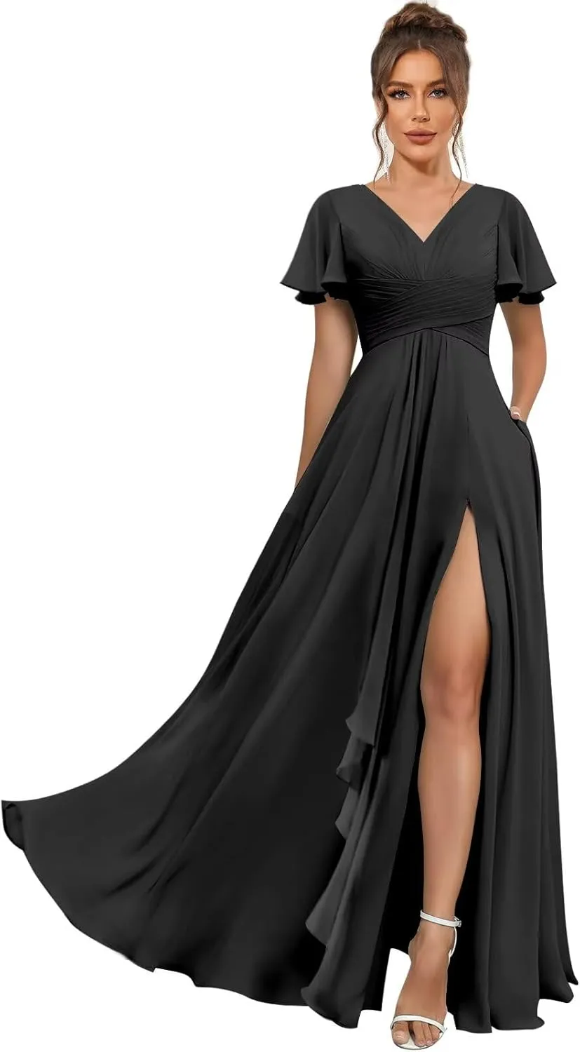 Short Sleeve Bridesmaid Dresses for Women Wedding Split V Neck Flowy Long Chiffon Ruched Evening Formal Gowns