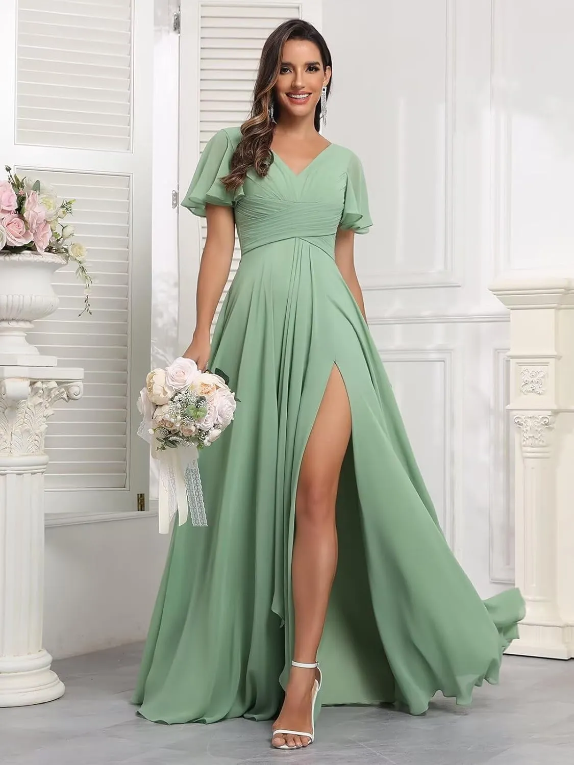 Short Sleeve Bridesmaid Dresses for Women Wedding Split V Neck Flowy Long Chiffon Ruched Evening Formal Gowns