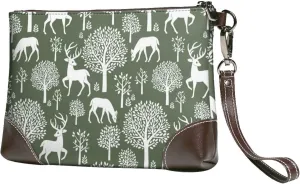 Small Clutch Purses for Women - Minimalist Cute Deer Tree Green Leather Wristlet Wallets for Women with Wrist Strap