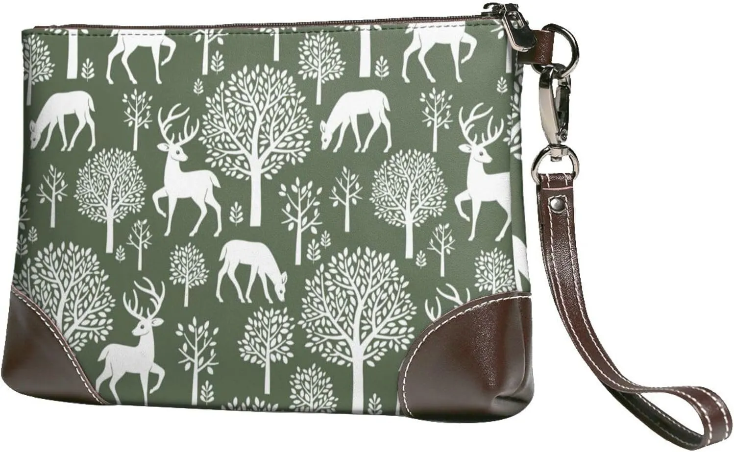 Small Clutch Purses for Women - Minimalist Cute Deer Tree Green Leather Wristlet Wallets for Women with Wrist Strap