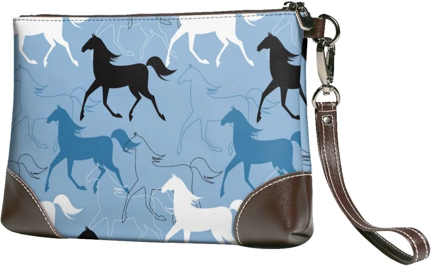 Small Clutch Purses for Women - Minimalist Line Horse Black White Leather Wristlet Wallets for Women with Wrist Strap
