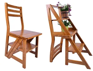 Smartlife  Natural Wood Multi-functional Convertible Folding Library Ladder Chair Four-Step Stool