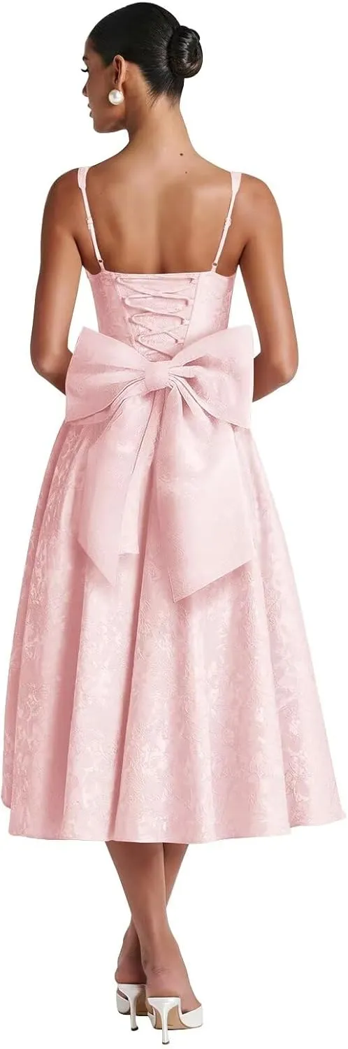 Smileven Jacquard Satin Prom Dresses for Women 2025 Tea Length A Line Formal Evening Gowns with Bow