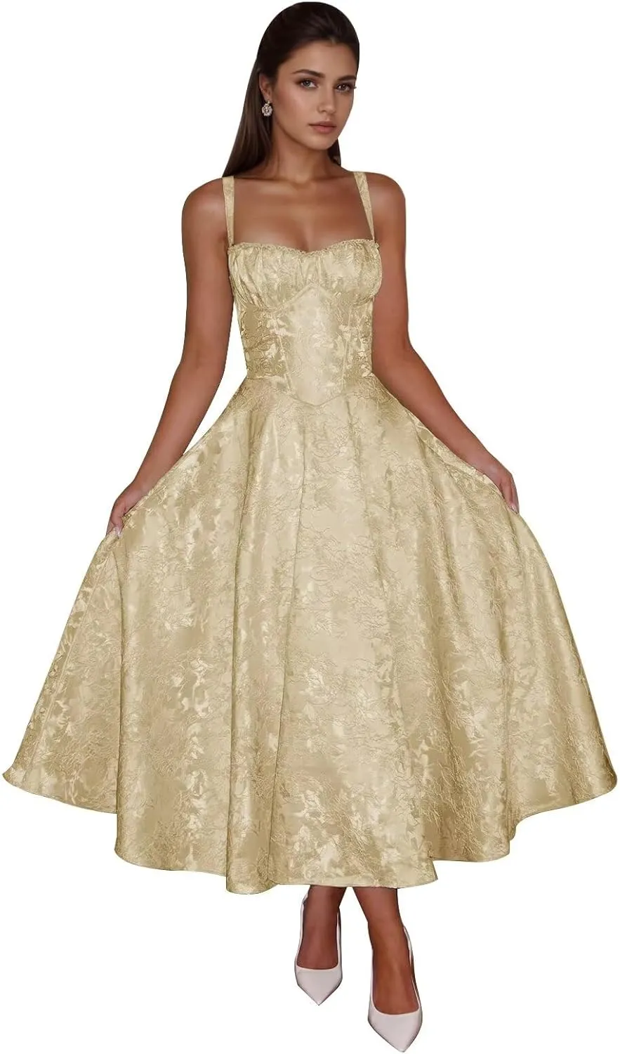 Smileven Jacquard Satin Prom Dresses for Women 2025 Tea Length A Line Formal Evening Gowns with Bow
