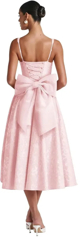 Smileven Jacquard Satin Prom Dresses for Women 2025 Tea Length A Line Formal Evening Gowns with Bow