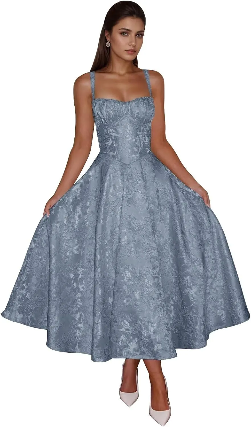 Smileven Jacquard Satin Prom Dresses for Women 2025 Tea Length A Line Formal Evening Gowns with Bow