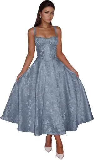 Smileven Jacquard Satin Prom Dresses for Women 2025 Tea Length A Line Formal Evening Gowns with Bow