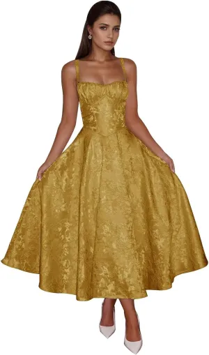 Smileven Jacquard Satin Prom Dresses for Women 2025 Tea Length A Line Formal Evening Gowns with Bow