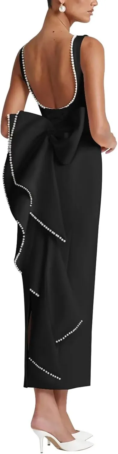Smileven Satin Pearl Formal Evening Dresses for Women 2025 Tea Length Cocktail Party Gowns with Bow