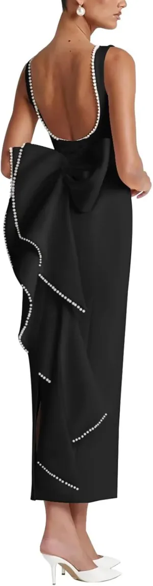 Smileven Satin Pearl Formal Evening Dresses for Women 2025 Tea Length Cocktail Party Gowns with Bow