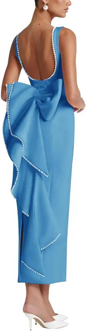 Smileven Satin Pearl Formal Evening Dresses for Women 2025 Tea Length Cocktail Party Gowns with Bow