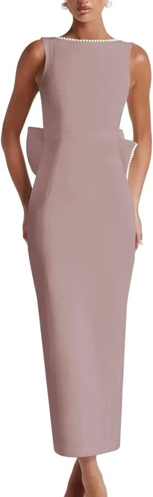 Smileven Satin Pearl Formal Evening Dresses for Women 2025 Tea Length Cocktail Party Gowns with Bow