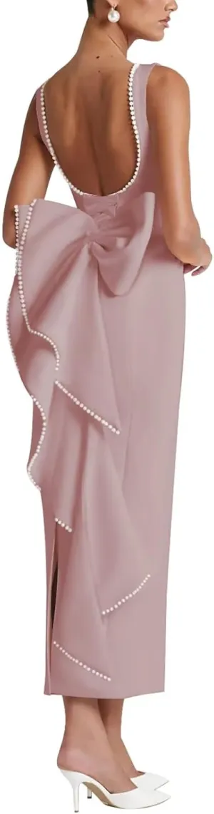Smileven Satin Pearl Formal Evening Dresses for Women 2025 Tea Length Cocktail Party Gowns with Bow
