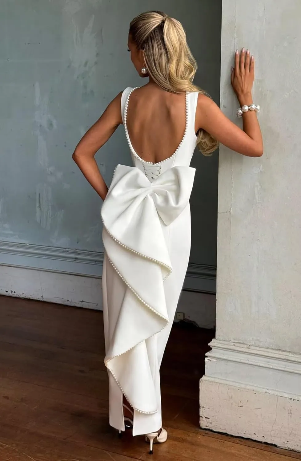 Smileven Satin Pearl Formal Evening Dresses for Women 2025 Tea Length Cocktail Party Gowns with Bow