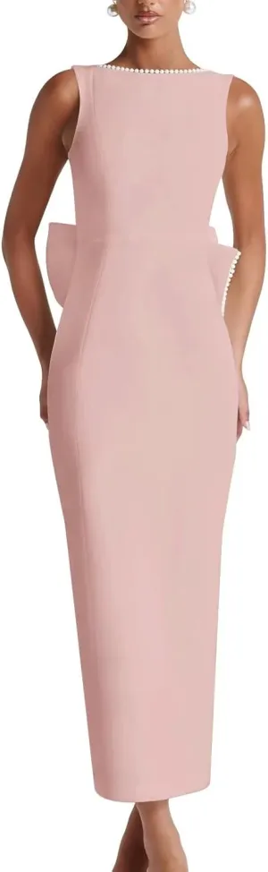 Smileven Satin Pearl Formal Evening Dresses for Women 2025 Tea Length Cocktail Party Gowns with Bow