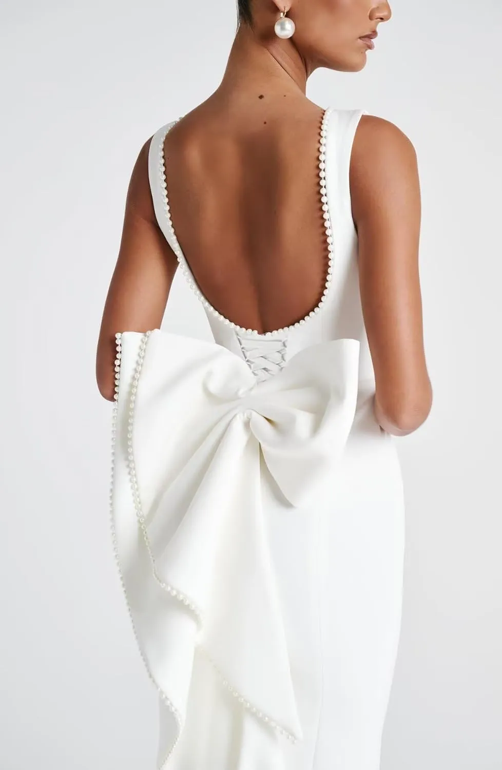 Smileven Satin Pearl Formal Evening Dresses for Women 2025 Tea Length Cocktail Party Gowns with Bow
