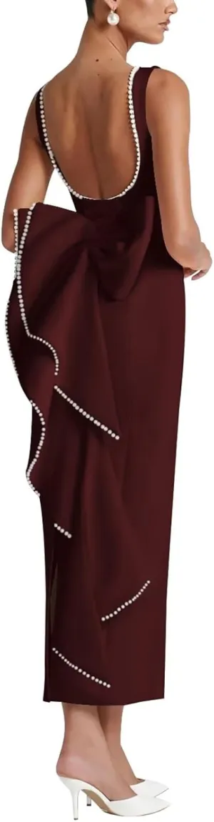 Smileven Satin Pearl Formal Evening Dresses for Women 2025 Tea Length Cocktail Party Gowns with Bow