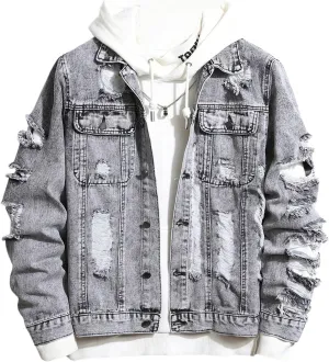 SOLY HUX Men's Ripped Denim Jacket Button Front Collared Long Sleeve Grunge Jean Jackets Streetwear