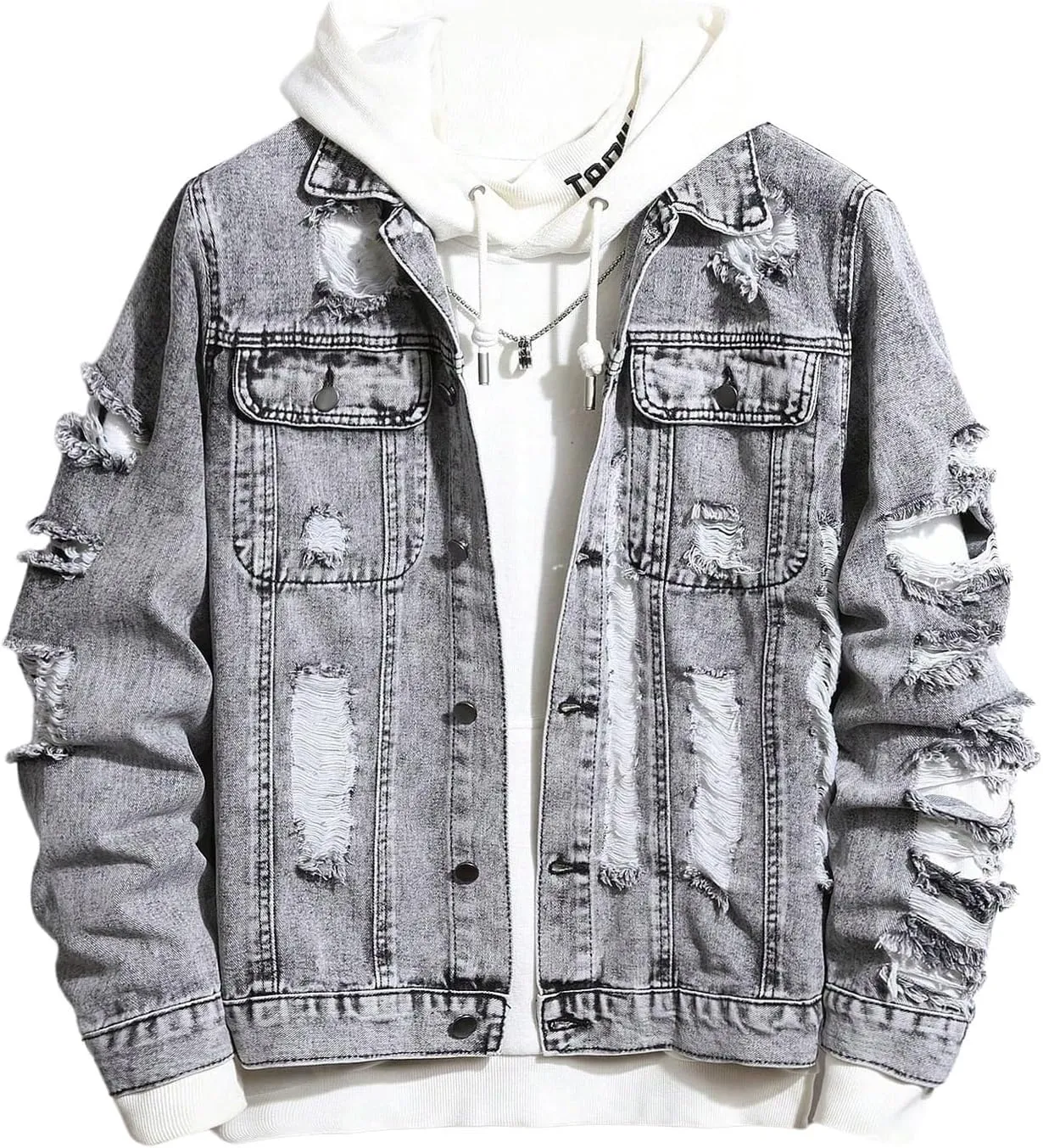 SOLY HUX Men's Ripped Denim Jacket Button Front Collared Long Sleeve Grunge Jean Jackets Streetwear