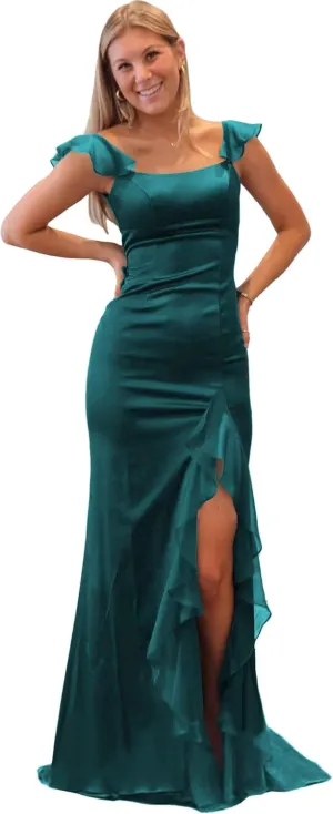 Spaghetti Straps Satin Prom Party Long Women's Formal Dresses 2025 with Flowy Chiffon Ruffles Evening Gowns