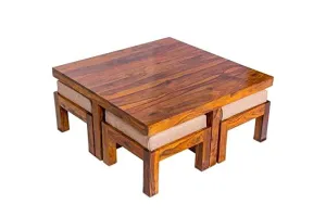 Square Shape Solid Wood Coffee Table with 4 Stools