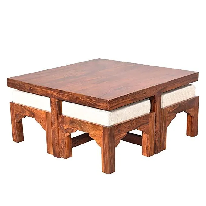 Square Shape Solid Wood Coffee Table with 4 Stools