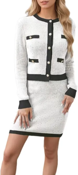 Sumleno Womens 2 Piece Preppy Sweater Cardigan Skirt Outfits Casual Long Sleeve Button Down Knit Top Bodycon Mini Skirt Set