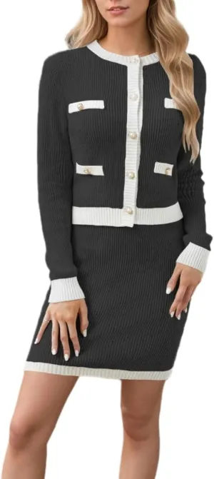Sumleno Womens 2 Piece Preppy Sweater Cardigan Skirt Outfits Casual Long Sleeve Button Down Knit Top Bodycon Mini Skirt Set