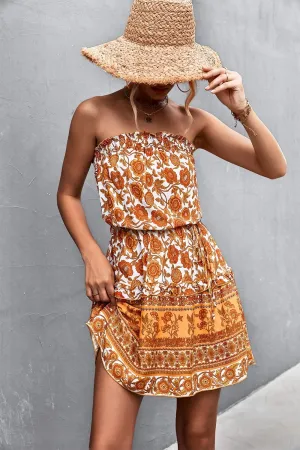 Summer Boho Tube Top Mini Dress for Women Sexy Casual Ruffle Backless Floral Dresses for Summer 2022