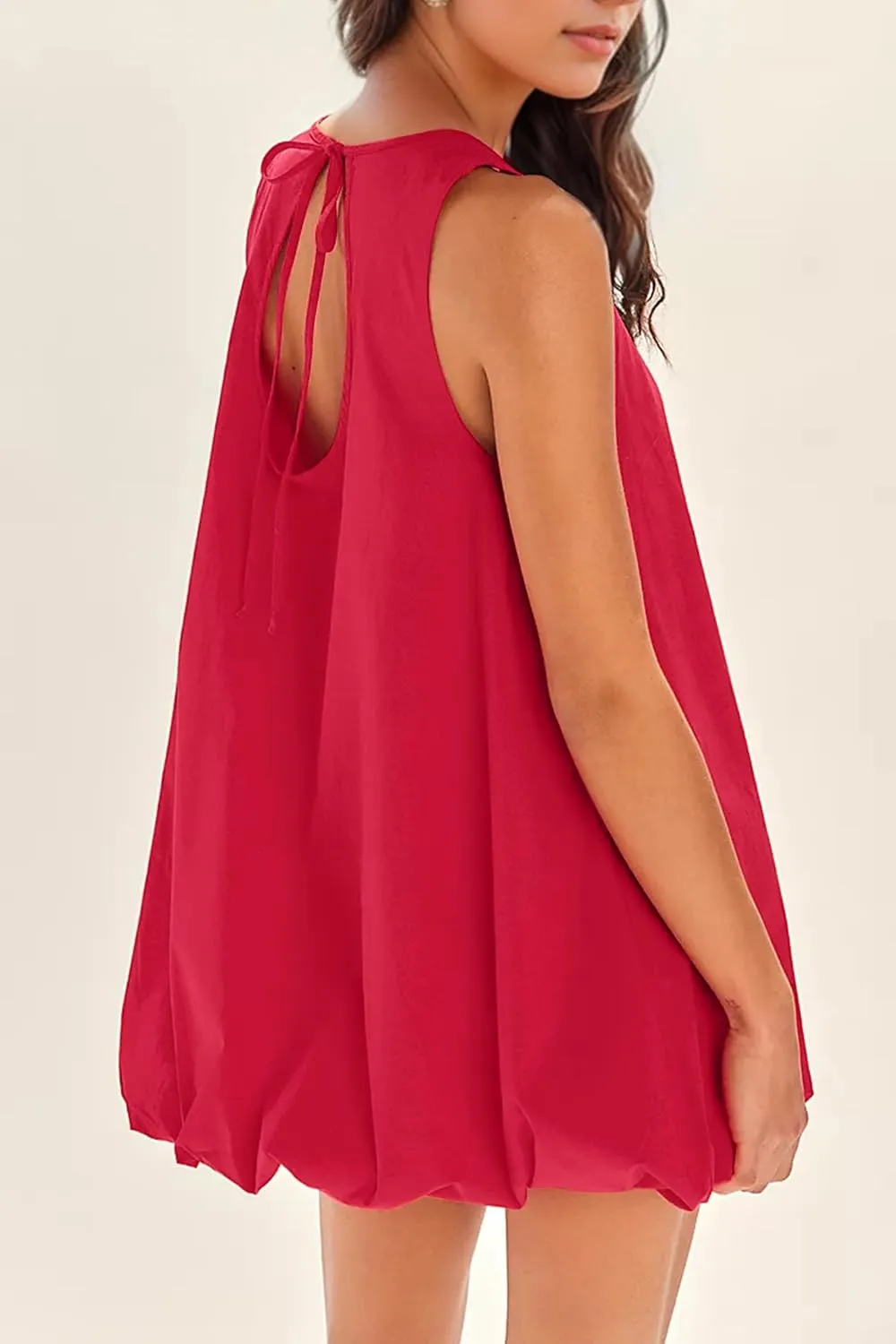 Summer Bubble Mini Dress for Women Sleeveless Crew Neck Causal Short Dress Tie Back Solid Tank Sundress with Pockets