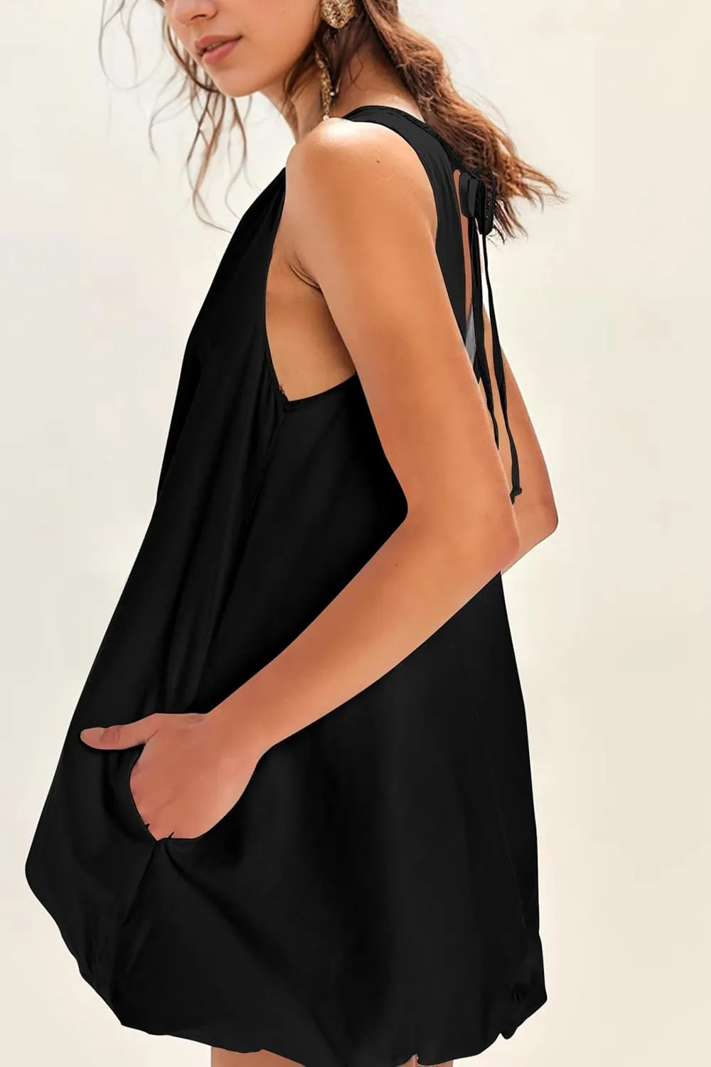 Summer Bubble Mini Dress for Women Sleeveless Crew Neck Causal Short Dress Tie Back Solid Tank Sundress with Pockets