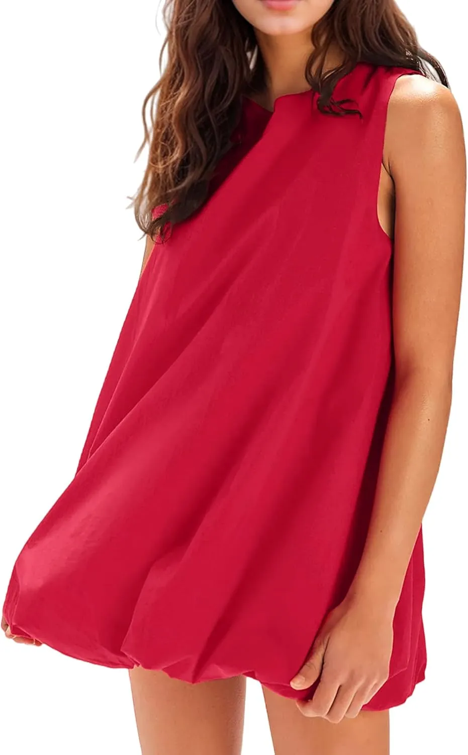 Summer Bubble Mini Dress for Women Sleeveless Crew Neck Causal Short Dress Tie Back Solid Tank Sundress with Pockets