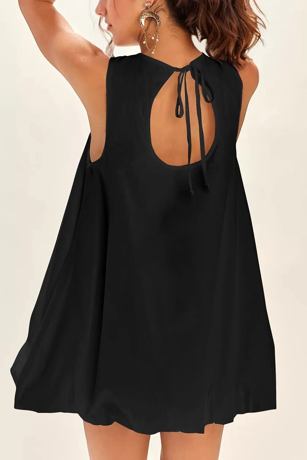 Summer Bubble Mini Dress for Women Sleeveless Crew Neck Causal Short Dress Tie Back Solid Tank Sundress with Pockets