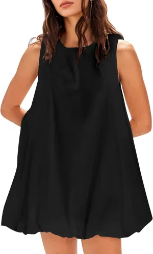 Summer Bubble Mini Dress for Women Sleeveless Crew Neck Causal Short Dress Tie Back Solid Tank Sundress with Pockets