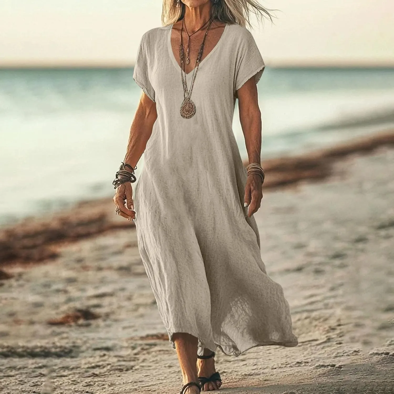 Summer Dresses for Women 2025 Flowy Trendy Casual Cotton Linen Dresses Beach Short Sleeve Vacation Maxi Sundresses