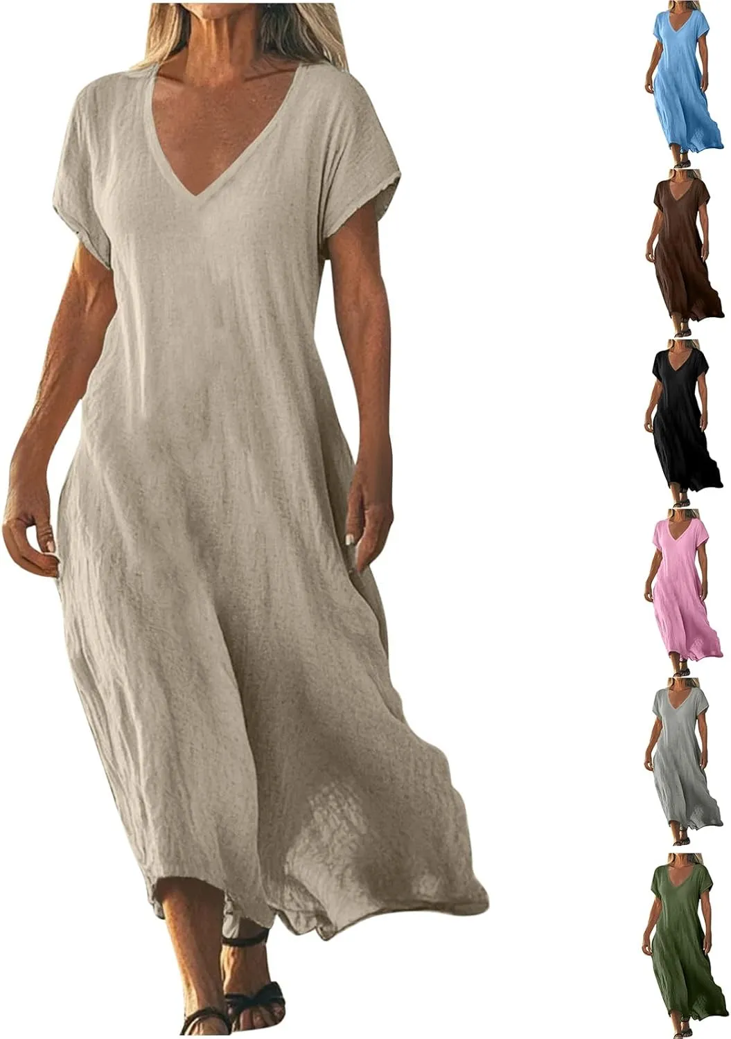 Summer Dresses for Women 2025 Flowy Trendy Casual Cotton Linen Dresses Beach Short Sleeve Vacation Maxi Sundresses