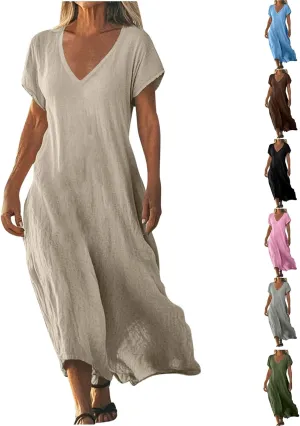 Summer Dresses for Women 2025 Flowy Trendy Casual Cotton Linen Dresses Beach Short Sleeve Vacation Maxi Sundresses