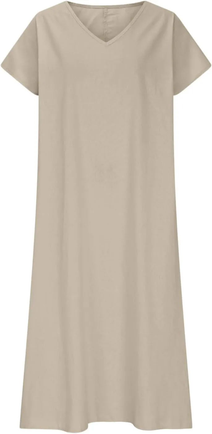 Summer Dresses for Women 2025 Flowy Trendy Casual Cotton Linen Dresses Beach Short Sleeve Vacation Maxi Sundresses