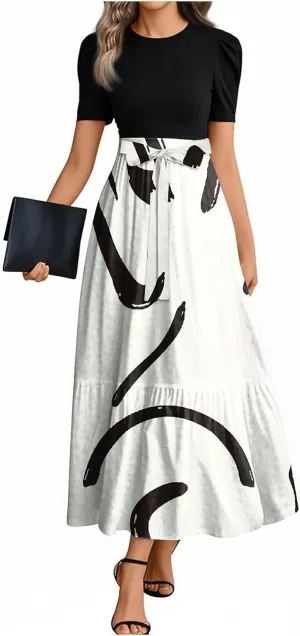 Summer Dresses for Women Short Sleeve Round Neck Vintage Floral Elegant Trendy Flowy High Waist Belted Maxi Sundress