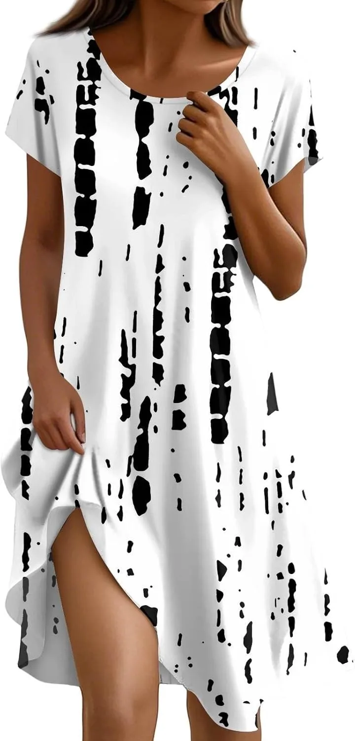 Sundresses for Women 2025 Summer Short Sleeve Scoop Neck Vacation Beach Dresses Elegant Boho Floral Hawaiian Dress