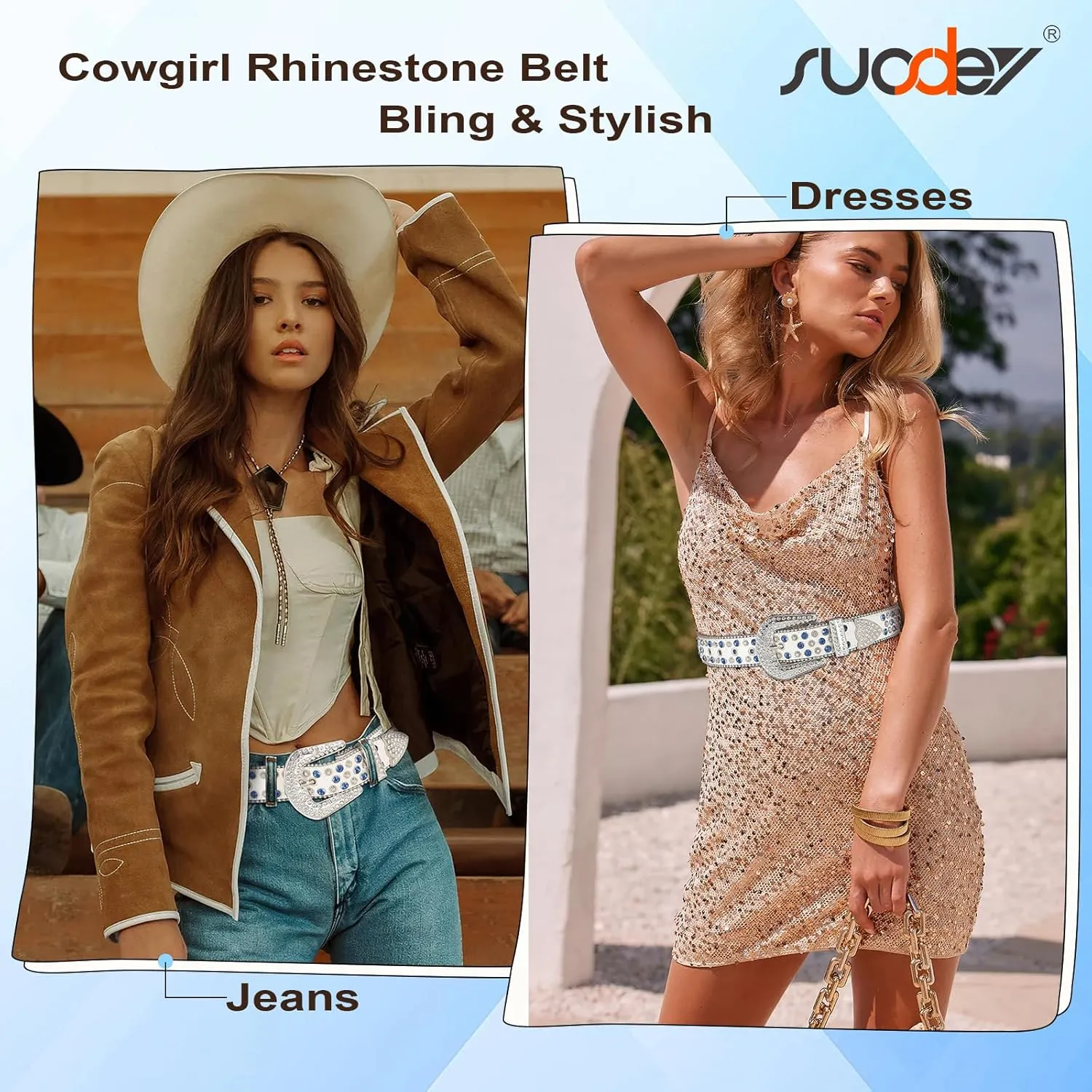 SUOSDEY Rhinestone Belt for Men Women Western Cowboy Cowgirl Bling Studded Leather Belt for Jeans Pants